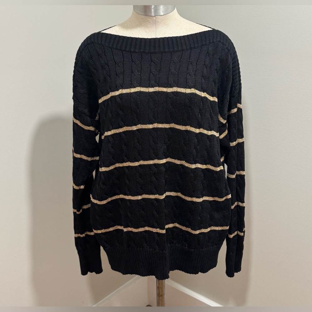 Vintage Lauren Ralph Black & Gold Striped Knit Sweater Size XL Holiday Sweater!